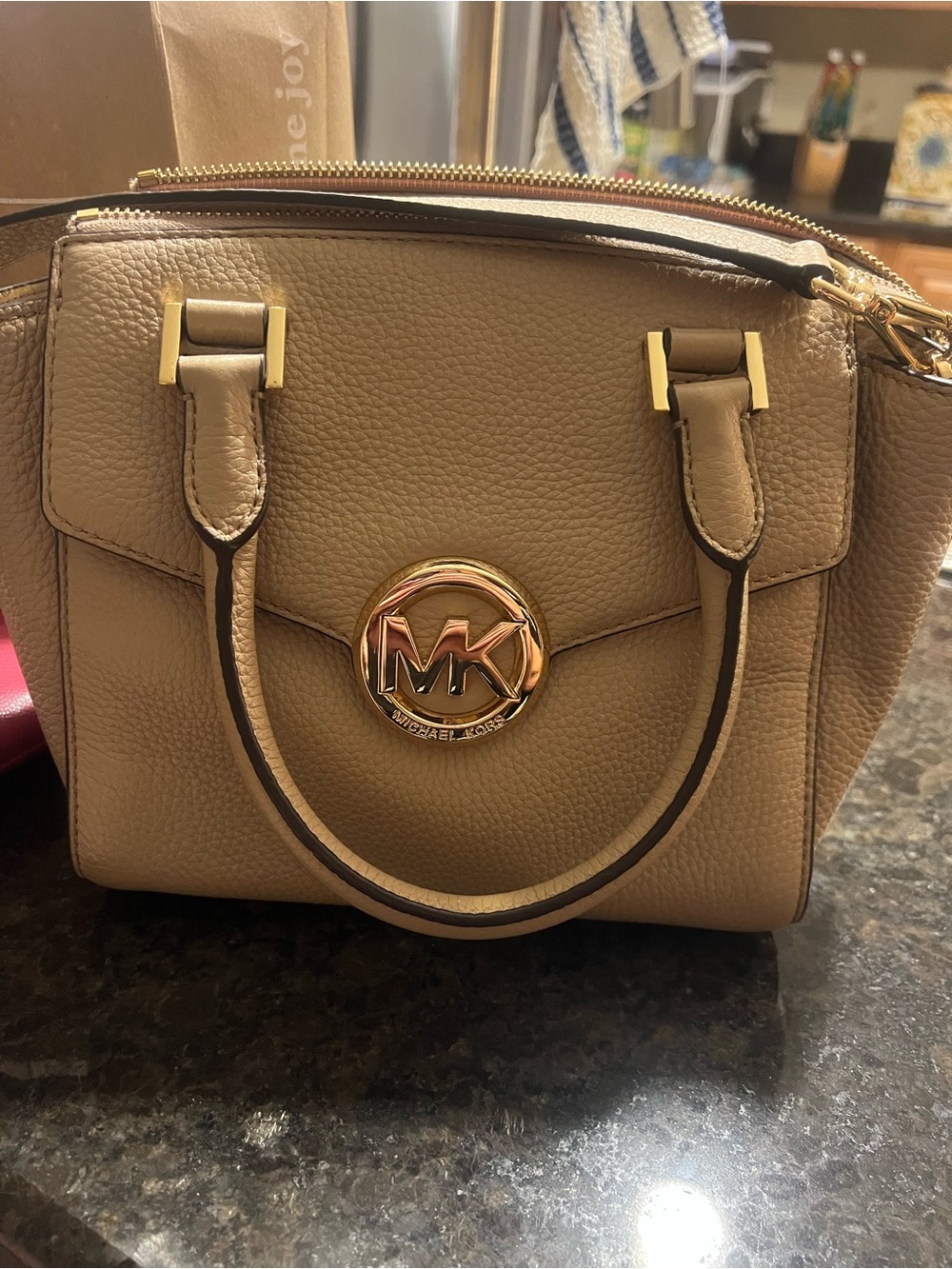 Michael Kors Taupe Pebbled Leather Mini Satchel with Gold Hardware